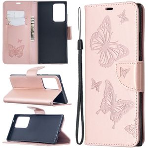 For Samsung Galaxy Note20 Ultra Embossing Two Butterflies Pattern Horizontal Flip PU Leather Case with Holder & Card Slot & Wallet & Lanyard(Rose Gold)