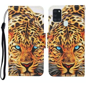 For Samsung Galaxy A21s Colored Drawing Pattern Horizontal Flip Leather Case with Holder & Card Slots & Wallet & Lanyard(Yellow Leopard)