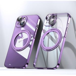 Voor iPhone 14 Gegalvaniseerde 360 graden beugel MagSafe magnetische telefoonhoes (transparant paars)