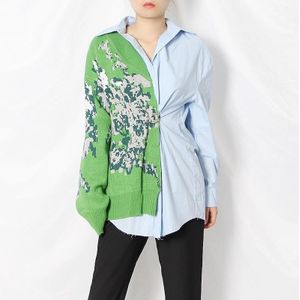 Pattern Stitching Shirt Waist Ring Long Sleeve Sweater (Color:Blue Size:M)