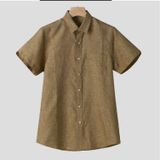 Solid Color Cotton Short-sleeved Lapel Casual Repair Body Shirt for Men  Size: XL( Khaki)