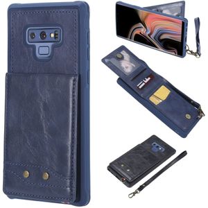 For Galaxy Note 9 Vertical Flip Shockproof Leather Protective Case with Short Rope  Support Card Slots & Bracket & Photo Holder & Wallet Function(Blue)
