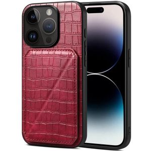 Voor iPhone 14 Pro imitatie krokodillenleer achterkant telefoonhoes met houder (roze rood)