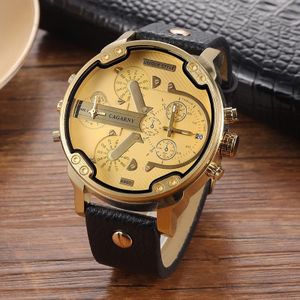 Cagarny 6820 Round Large Dial Leather Band Quartz Dual Movement Watch for Men (Gold Surface Black Band)
