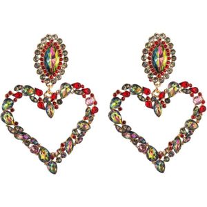 2 PCS Heart Shaped Alloy Retro Earrings With Colored Rhinestone Flashing Full Rhinestone Earrings(Red)