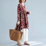 Retro Print Plus Size Cotton And Linen Dress Loose V-neck Skirt (Color:Wine Red Size:L)