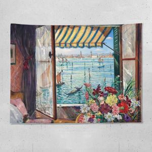 Sea View Window Background Cloth Fresh Bedroom Homestay Decoration Wall Cloth Tapestry  Size: 150x100cm(Window-12)