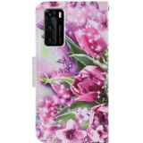 For Huawei P40 Coloured Drawing Pattern Horizontal Flip PU Leather Case with Holder & Card Slots & Wallet & Lanyard(Rose Butterfly)