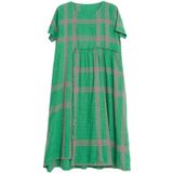 Zomer ronde hals plaid textuur katoen mid-length loose dress voor vrouwen (kleur: groene maat: XXL)