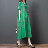 Zomer ronde hals plaid textuur katoen mid-length loose dress voor vrouwen (kleur: groene maat: XXL)