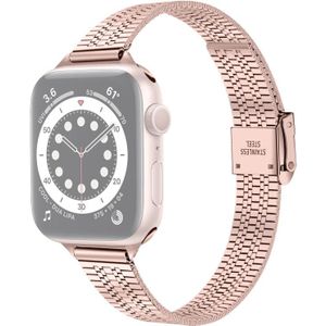 14mm Seven-beads Double Safety Buckle Slim Steel Replacement Strap Watchband For Apple Watch Series 7 & 6 & SE & 5 & 4 40mm  / 3 & 2 & 1 38mm(Pink Gold)
