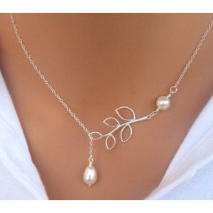 Women Fashion Lovely Chic Long Silver Sweater Chain Pendant Necklaces(Leaf and pearl)
