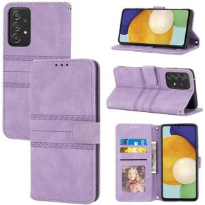 For Samsung Galaxy A52 5G / 4G Embossed Striped Magnetic Buckle PU + TPU Horizontal Flip Leather Case with Holder & Card Slot & Wallet & Photo Frame & Sling(Purple)
