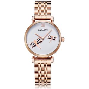 CAGARNY 6880 Fashion Life Waterproof Dragonfly White Background Gold Steel Band Quartz Watch