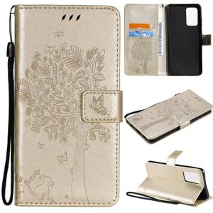 For Samsung Galaxy A52 5G Tree & Cat Pattern Pressed Printing Horizontal Flip PU Leather Case with Holder & Card Slots & Wallet & Lanyard(Gold)