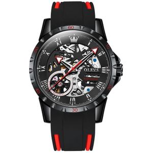 OLREVS 9918 holle wijzerplaat siliconen band lichtgevend mechanisch horloge voor mannen (alle zwarte en rode oppervlak)