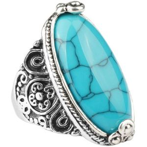 Fashion Vintage Oval Turquoise Flower Ring Women Antique Silver Jewelry  Ring Size:10(Blue)