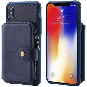 For iPhone X / XS Zipper Shockproof Protective Case with Card Slots & Bracket & Photo Holder & Wallet Function(Blue)