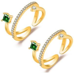 2 stks J356 Dames Emerald Zirkoon Dubbele Micro Setting Open Ring (Gouden Kleur)