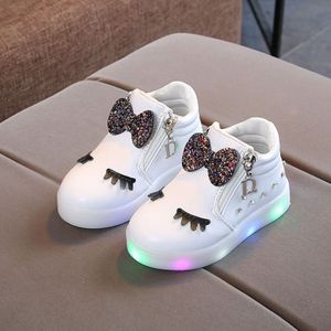 Kids Shoes Baby Infant Girls Eyelash Crystal Bowknot LED Luminous Boots Shoes Sneakers  Size:29(White)