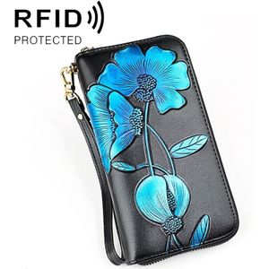 907 Antimagnetic RFID Women Flower Pattern Large Capacity Hand Wallet Purse Phone Bag with Card Slots(Blue)