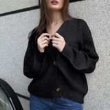 Fashion Cardigan Solid Color Knit Button Sweater (Color:Black Size:S)