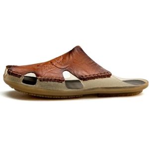 Zomer mannen lederen slippers casual grote maat platte strandschoenen  maat: 43 (rood bruin)