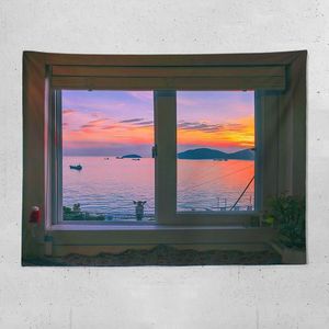Sea View Window Background Cloth Fresh Bedroom Homestay Decoration Wall Cloth Tapestry  Size: 150x100cm(Window-2)