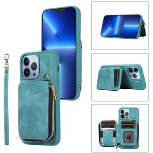 Voor iPhone 13 Pro Max Zipper Card Bag Back Cover Phone Case(Turquoise)