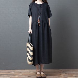 Zomer ronde hals knop Ramie Mid-length Loose Dress for Women (Kleur: Black Size: XL)