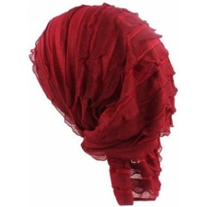 Muslim Stacking Cap Chiffon Fold Turban Cap Chemotherapy Cap (Wine Red)