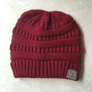 CC Letter Ponytail Cap Knitting Hat for Ladies(Wine Red)