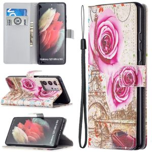 For Samsung Galaxy S21 Ultra 5G Colored Drawing Pattern Horizontal Flip PU Leather Case with Holder & Card Slots & Wallet & Lanyard(Rose Tower)