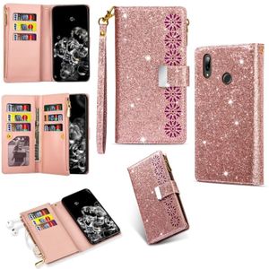 For Samsung Galaxy A40 Multi-card Slots Starry Sky Laser Carving Glitter Zipper Horizontal Flip Leather Case with Holder & Wallet & Lanyard(Rose Gold)