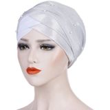 2 PCS Women Beaded Two-color Turban Hat Bright Silk Cloth Hooded Cap(White)
