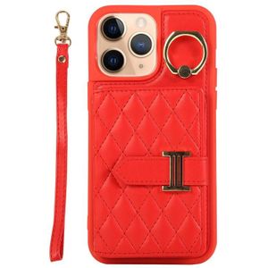 Voor iPhone 11 Pro Horizontal Card Bag Ring Holder Phone Case met Dual Lanyard (Rood)