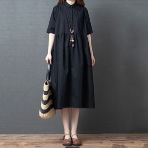 Zomer Katoen Mid-length Loose Short-sleeved Shirt Dress for Women (Color: Black Size:XL)
