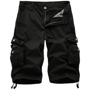 Summer Multi-pocket Solid Color Loose Casual Cargo Shorts for Men (Color:Black Size:38)