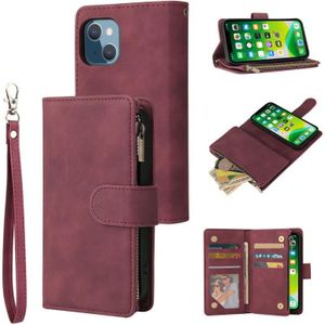 Multifunctional Phone Leather Case with Card Slot & Holder & Zipper Wallet & Photo Frame For iPhone 13(Wine Red)