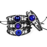 12 Constellation Black Braided Leather Glass Dome Punk Men Bracelet(Pisces)