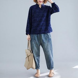 Art Retro Jacquard V-neck Loose And Thin Short Long Sleeves (Color:Navy Blue Size:L)