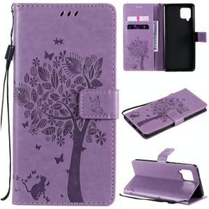 For Samsung Galaxy A42 5G Tree & Cat Pattern Pressed Printing Horizontal Flip PU Leather Case with Holder & Card Slots & Wallet & Lanyard(Light Purple)