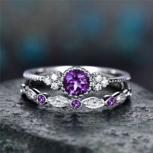 2 PCS/Set Women Fashion Zircon Gemstone Ring 5(Purple)