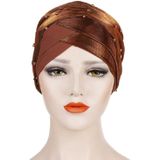 2 PCS Women Beaded Two-color Turban Hat Bright Silk Cloth Hooded Cap(Yellow Brown + Black)