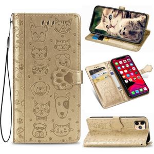 Voor iPhone 11 Pro Cute Cat and Dog Embossed Horizontal Flip PU lederen hoes met houder / kaartsleuf / portemonnee / Lanyard (Goud)