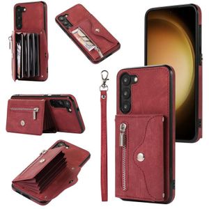 For Samsung Galaxy S23 5G Zipper RFID Card Slots Phone Case with Short Lanyard(Red)