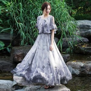 Chiffon Retro Print Slim Long Dress (Color:Gray Size:L)