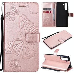 Voor Samsung Galaxy S21 Fe Geproefd Afdrukken Butterfly Patroon Horizontale Flip PU Lederen Case met Houder & Card Slots & Wallet & Lanyard (Rose Gold)