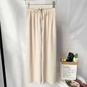 Ice Silk Knit Pants Fall Wide Leg Pants Female High Waist Loose Casual Pants High Waist Nine Points  Size:  One Size( Apricot )