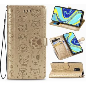 For Xiaomi Redmi Note 9S/Note 9 Pro/Note 9 Pro Cute Cat and Dog Embossed Horizontal Flip Leather Case with Bracket / Card Slot / Wallet / Lanyard(Gold)